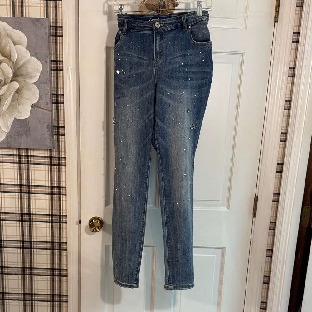 INC International Concepts Blue Embellished Skinny Jeans - Picture 7 of 10